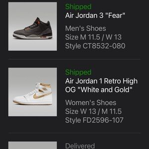 Jordan 1 og high white and gold size 13 women’s and 11.5 men’s.